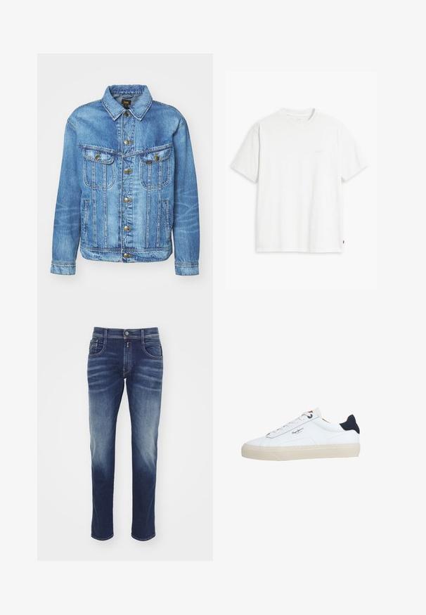 Lyseblå denimjakke med klassisk design, der har knaplukning, to brystlommer og en krave. Blød tekstur, afslappet stil.; Hvid t-shirt i bomuld med korte ærmer, rund halsudskæring og en diskret "Levi's"-logo trykt i lyse farver på forsiden.; Mørkeblå denim jeans med lige ben, let slidte områder, fem lommer, knaplukning og syede detaljer langs sømmene.; Hvid lavtop-sneaker med beige sål, hvide snørebånd, sort hælkappe og "Pepe Jeans London"-logo på siden.