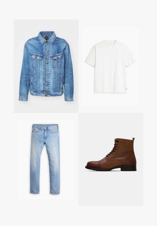 Veste en denim bleu clair au design classique, avec fermeture à boutons, deux poches poitrine et col classique. Texture douce, style décontracté.; T-shirt en coton blanc à manches courtes, col rond, avec un logo "Levi's" discret imprimé en couleur claire sur le devant.; Jean en denim bleu clair avec une coupe droite, cinq poches et un bouton de fermeture. Présente un léger délavage et des accents de couture orange.; Jack & Jones JFWSHAUN BOOT - Bottines à lacets - cognac