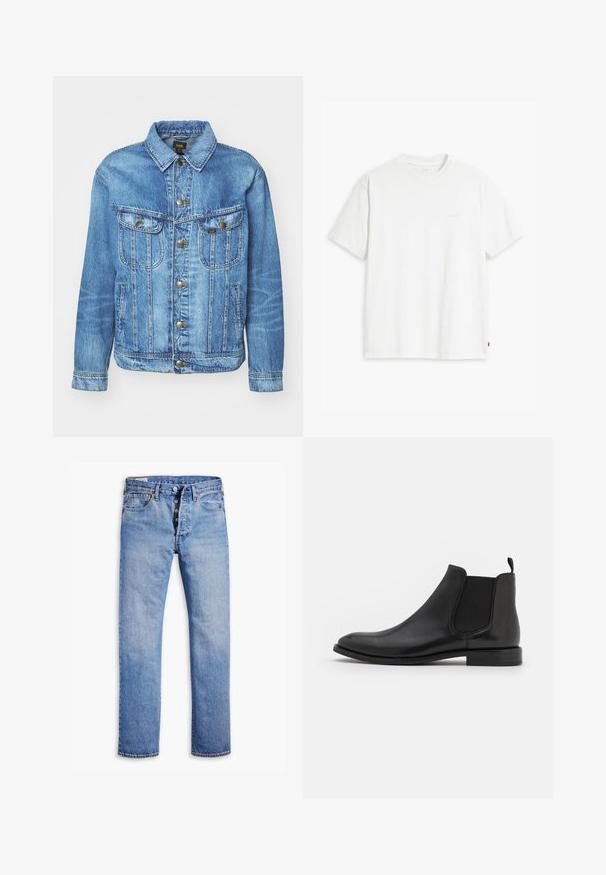 Hellblauer Denimjacke im klassischen Design, mit Knopfverschluss, zwei Brusttaschen und einem Kragen. Weiche Textur, lässiger Stil.; Weißes Baumwoll-T-Shirt mit kurzen Ärmeln, rundem Ausschnitt und einem dezenten "Levi's"-Logo in heller Farbe auf der Vorderseite.; Helle blaue Jeans mit geradem Bein, Fünf-Knopf-Verschluss, Gürtelschlaufen und dezentem Verblassen. Verfügt über zwei Fronttaschen und kupferfarbene Nieten.; Schwarze Leder-Chelsea-Stiefel mit elastischen seitlichen Riemen, einer abgerundeten Kappe und einem niedrigen Absatz. Glatte Textur mit minimalistischer Gestaltung.
