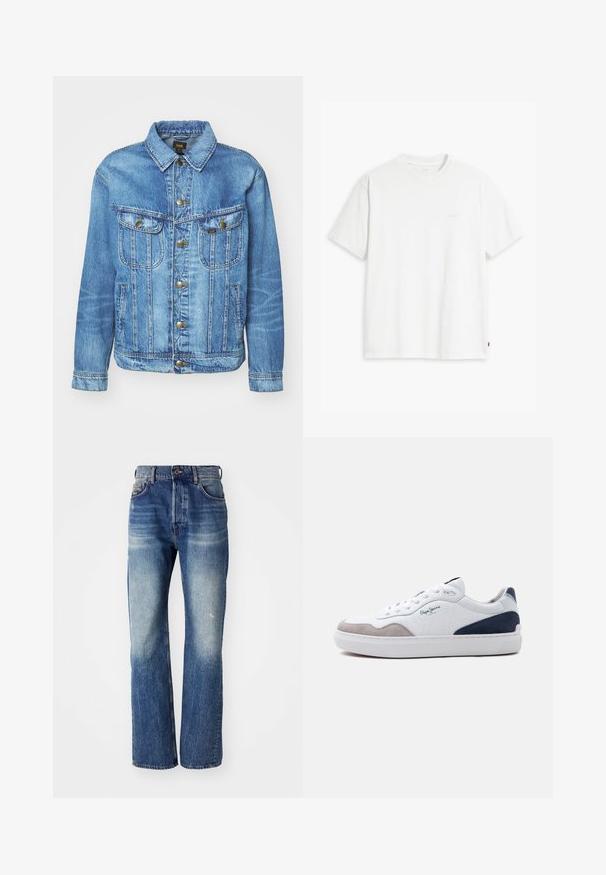 Lichtblauwe denimjas met een klassiek ontwerp, voorzien van een knoopsluiting, twee borstzakken en een kraag. Zachte textuur, casual stijl.; Wit katoenen T-shirt met korte mouwen, ronde hals en een subtiel "Levi's" logo in een lichte kleur op de voorkant gedrukt.; Blauwe denim jeans met een rechte pijpdesign, met lichte vervaging en een lichte wassing aan de voorkant. Standaard vijf-pocket stijl.; Witte lage sneaker met grijze suède voorkant, marineblauwe suède hiel, witte veters en "Pepe Jeans" logo aan de zijkant.