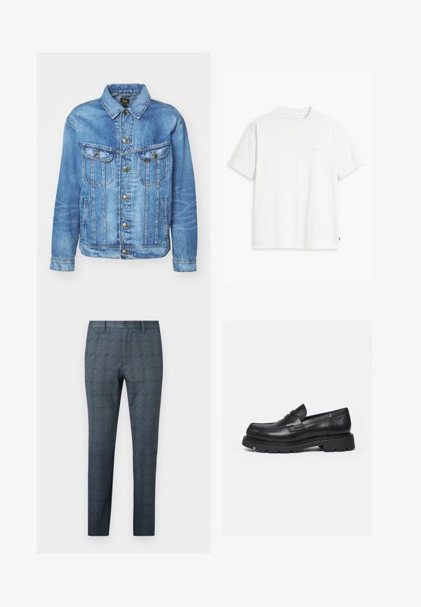 Lichtblauwe denimjas met een klassiek ontwerp, voorzien van een knoopsluiting, twee borstzakken en een kraag. Zachte textuur, casual stijl.; Wit katoenen T-shirt met korte mouwen, ronde hals en een subtiel "Levi's" logo in een lichte kleur op de voorkant gedrukt.; Slim-fit herenkleedbroek in blauwgrijs met een subtiel ruitpatroon, voorste knoop, riemlussen en een vlak ontwerp aan de voorkant.; Zwarte leren loafer met dikke geribbelde zool en pennyriemdetail, getoond in rechter zijprofiel op witte achtergrond.