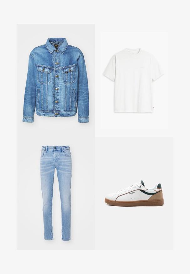 Hellblauer Denimjacke im klassischen Design, mit Knopfverschluss, zwei Brusttaschen und einem Kragen. Weiche Textur, lässiger Stil.; Weißes Baumwoll-T-Shirt mit kurzen Ärmeln, rundem Ausschnitt und einem dezenten "Levi's"-Logo in heller Farbe auf der Vorderseite.; Helle blaue Denim-Jeans mit schlankem Schnitt, ausgestattet mit einem Fünf-Taschen-Design, Gürtelschlaufen und einem Knopfverschluss. Der Stoff hat eine weiche Textur.; Weißer Sneaker mit niedriger Schafthöhe, brauner Sohle, grünen und beigen Akzenten, weißen Schnürsenkeln und dem Logo "Pepe Jeans London" an der Seite.