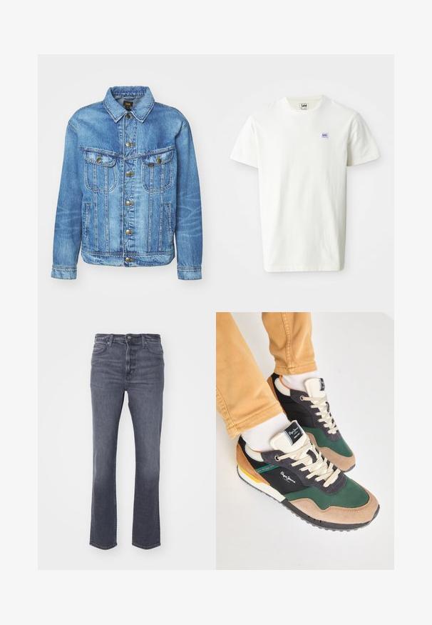 Hellblauer Denimjacke im klassischen Design, mit Knopfverschluss, zwei Brusttaschen und einem Kragen. Weiche Textur, lässiger Stil.; Weißes Baumwoll-T-Shirt mit Rundhalsausschnitt und kurzen Ärmeln. Auf der linken Brust befindet sich ein kleines rechteckiges Logo von Lee in lila und blau.; Graue Denim-Jeans mit geradem Bein, Fünf-Taschen-Design, subtiler Ausbleichung, Knopf- und Reißverschluss, sowie einem klassischen Bund.; Grüne und schwarze Sneakers aus Wildleder und Mesh-Materialien, mit cremefarbenen Schnürsenkeln, mehrfarbigen Akzenten und einer strukturierten Sohle. Logo von Pepe Jeans sichtbar.