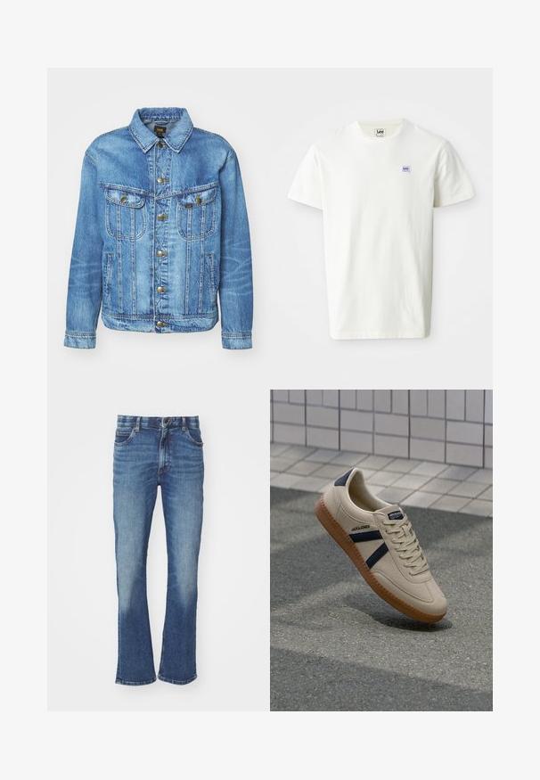 Lichtblauwe denimjas met een klassiek ontwerp, voorzien van een knoopsluiting, twee borstzakken en een kraag. Zachte textuur, casual stijl.; Witte katoenen T-shirt met een ronde hals en korte mouwen. Toont een klein rechthoekig paars en blauw Lee-logo op de linkerborst.; Blauwe denim jeans met een lichte flare, voorzien van een vervaagde wassing, vijf zakken en een knoopsluiting.; Beige sneaker met een textuurafwerking, marineblauwe strepen en een rubberen zool. Heeft een gevoerde tong en een traditioneel vetersysteem voor een veilige pasvorm.