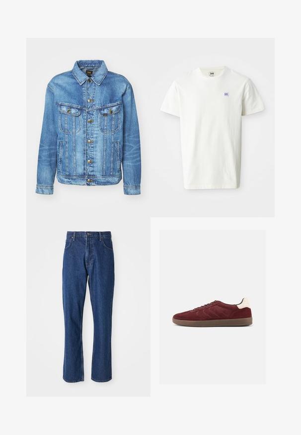 Lyseblå denimjakke med klassisk design, der har knaplukning, to brystlommer og en krave. Blød tekstur, afslappet stil.; Hvid bomulds T-shirt med rund hals og korte ærmer. Viser et lille rektangulært lilla og blå Lee-logo på venstre bryst.; Blå denimjeans med lige ben-design, fem-lomme stil og en robust talje med metalknaplukning.; Bordeaux ruskindsneaker med snørelukning foran, tekstureret sideudformning og lysfarvet hælaccents. Gummisål med glat finish.