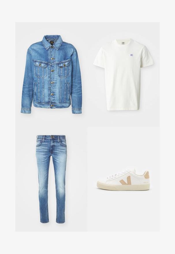 Chaqueta de mezclilla azul claro con un diseño clásico, con cierre de botones, dos bolsillos en el pecho y cuello con solapa. Textura suave, estilo casual.; Camiseta de algodón blanca con cuello redondo y mangas cortas. Presenta un pequeño logotipo rectangular en púrpura y azul de Lee en el lado izquierdo del pecho.; Jeans de mezclilla azul claro con un diseño descolorido, corte recto, estilo de cinco bolsillos, cierre de botón de metal y costura en contraste.; Zapatillas blancas con acentos beige, material de cuero liso, punta redonda, suela de goma plana y cordones en la parte delantera con un logotipo en el talón.