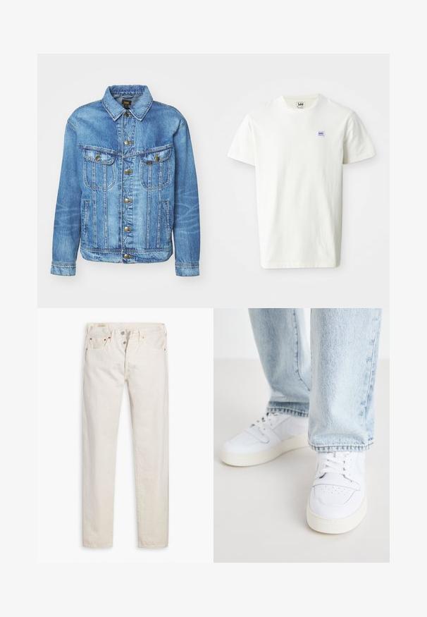 Lichtblauwe denimjas met een klassiek ontwerp, voorzien van een knoopsluiting, twee borstzakken en een kraag. Zachte textuur, casual stijl.; Witte katoenen T-shirt met een ronde hals en korte mouwen. Toont een klein rechthoekig paars en blauw Lee-logo op de linkerborst.; Oudwitte high-rise slim-fit jeans met knoopsluiting, vijf zakken en koperen klinknagels, plat gelegd op een witte achtergrond.; Witte leren lage sneakers met geperforeerde neus, platte veters en een minimalistisch ontwerp. Gecombineerd met lichtblauwe denim jeans.