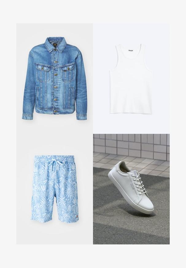 Lichtblauwe denimjas met een klassiek ontwerp, voorzien van een knoopsluiting, twee borstzakken en een kraag. Zachte textuur, casual stijl.; Wit mouwloos hemdje met ronde hals en Weekday-merklabel aan de binnenkant van de achterkraag, plat weergegeven op een lichte achtergrond.; Lichtblauwe zwembroek met een wit abstract patroon, elastische tailleband en trekkoord. Logo aan de voorkant links en zijsplitten aan de zoom.; Witte sneaker van gestructureerd leer, met een vetersluiting, stevige rubberen zool en een minimalistisch ontwerp met een versterkte neus.
