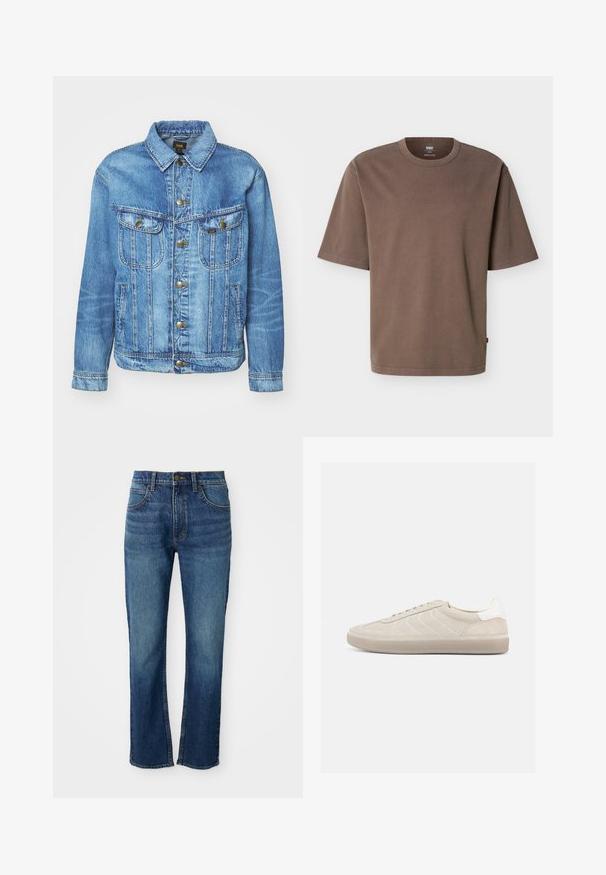 Lyseblå denimjakke med klassisk design, der har knaplukning, to brystlommer og en krave. Blød tekstur, afslappet stil.; Løs, kortærmet brun bomulds-T-shirt med rund hals og en lille rød Levi's-mærkat på sidesømmen.; Blå denim jeans med lige ben-design, der har fem lommer, en knaplukning og kontrasterende gule syninger. Glat tekstur.; Beige ruskindssneaker med en tekstureret overdel, glat hvid hælkappe, tynde snørebånd og en gummi-ydersål. Har et lavt profil design.