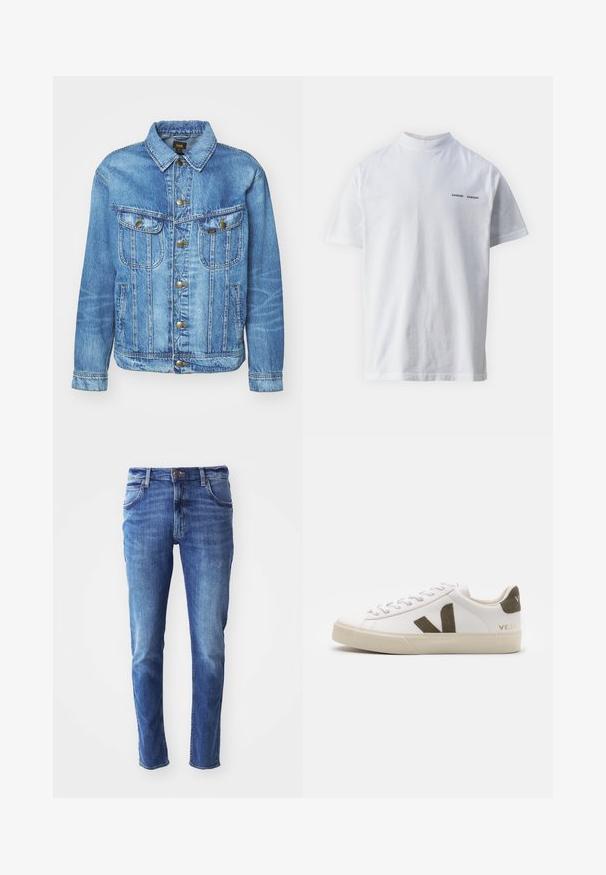 Lyseblå denimjakke med klassisk design, der har knaplukning, to brystlommer og en krave. Blød tekstur, afslappet stil.; Hvid bomulds t-shirt med høj halsudskæring og korte ærmer. Har "SAMSØE SAMSØE" logo i sort på forsiden. Glat tekstur.; Blå denim jeans med slim fit, fem-lomme design og let falming. Har en mærke-knap og lynlåslukning.; Hvide læder sneakers med en lys beige gummisål. Har en brun ruskinds V-logo og hælflap. Snørret lukning med en struktureret overflade.