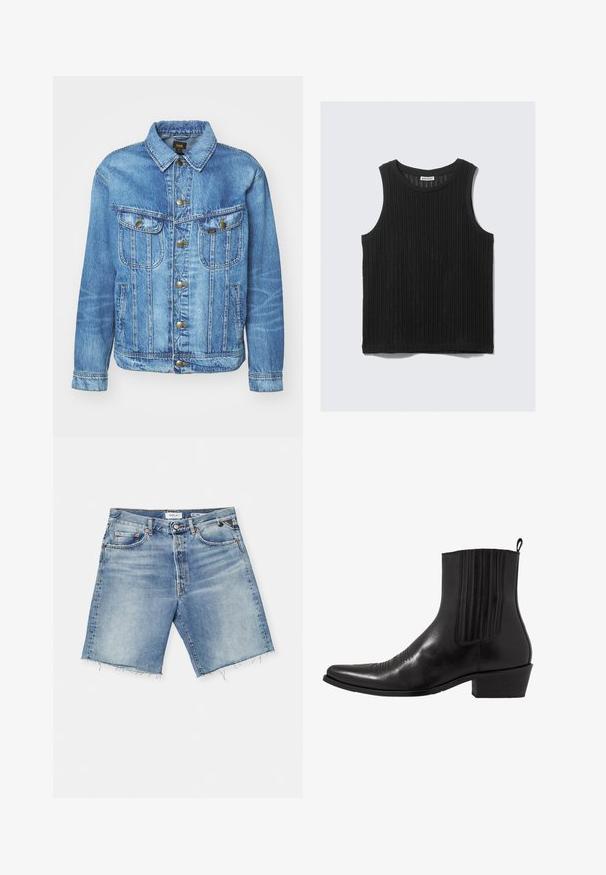 Veste en denim bleu clair au design classique, avec fermeture à boutons, deux poches poitrine et col classique. Texture douce, style décontracté.; Haut noir sans manches en tissu côtelé texturé. Présente un col arrondi et un ourlet droit. Design simple sans accents supplémentaires.; Shorts en denim bleu clair avec un ourlet effiloché, cinq poches, fermeture à bouton et passants de ceinture. Fabriqués en coton, présentant un lavage délavé.; Bottine noire en cuir avec un bout pointu, des panneaux latéraux élastiques, des accents de coutures verticales et un petit talon bloc.