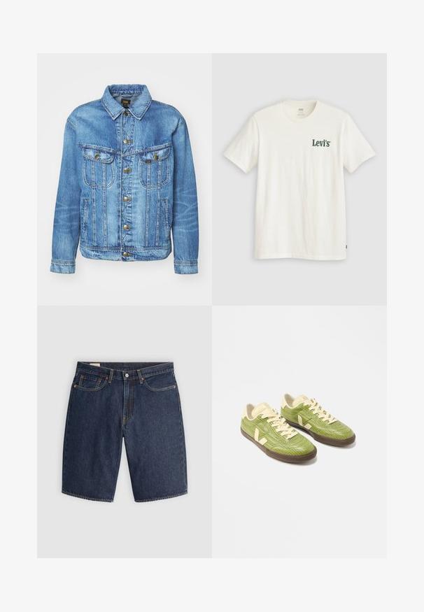 Chaqueta de mezclilla azul claro con un diseño clásico, con cierre de botones, dos bolsillos en el pecho y cuello con solapa. Textura suave, estilo casual.; Camiseta blanca de manga corta con el logo verde de "Levi's" en el pecho izquierdo y una pequeña etiqueta roja de Levi's en la parte inferior derecha.; Pantalones cortos de mezclilla en azul oscuro, con un diseño clásico que incluye cinco bolsillos, costuras cosidas, cierre de botón y bolsillos traseros curvados.; Par de zapatillas verdes de corte bajo con cordones crema, lengüetas beige en el talón y suelas de goma marrón oscuro sobre un fondo blanco.
