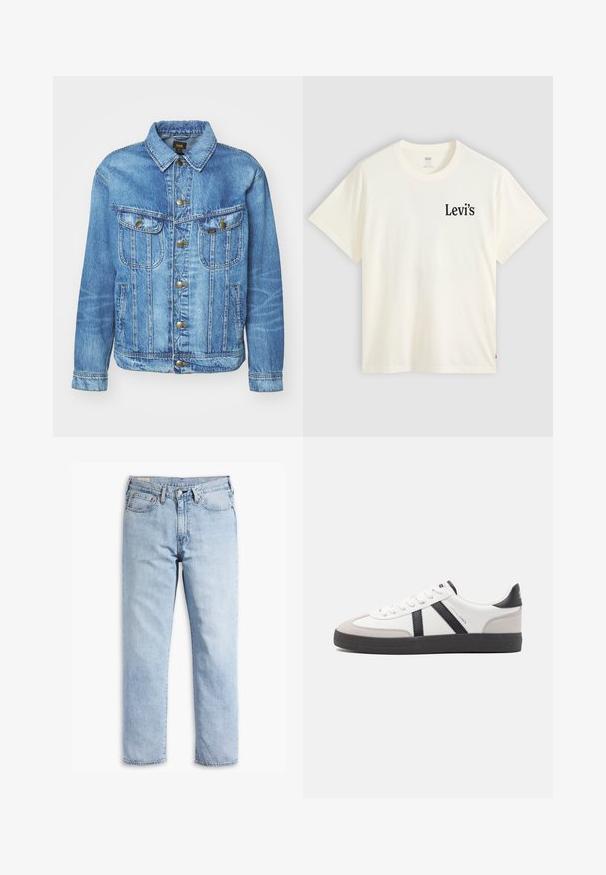 Hellblauer Denimjacke im klassischen Design, mit Knopfverschluss, zwei Brusttaschen und einem Kragen. Weiche Textur, lässiger Stil.; Weißes T-Shirt mit kurzen Ärmeln und Rundhalsausschnitt mit kleinem schwarzem Levi's-Logo auf der linken Brustseite vor einfarbigem Hintergrund.; Hellblaue Denim-Jeans mit geradem Bein, fünf Taschenstil und robusten Nähten. Ausgestattet mit einem Reißverschluss und einem Metallknopf.; Weiße Sneaker mit schwarz- und grau-aczenten, ausgestattet mit einer strukturierten grauen Zehenkappe, schwarzer Gummi-Sohle und flachen weißen Schnürsenkeln. Sauberes Design, minimalistische Stil.
