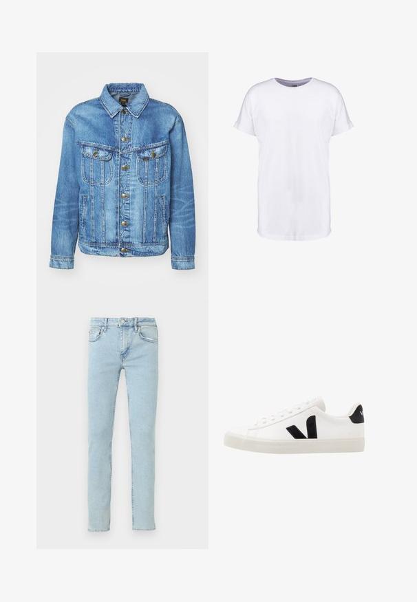 Lichtblauwe denimjas met een klassiek ontwerp, voorzien van een knoopsluiting, twee borstzakken en een kraag. Zachte textuur, casual stijl.; Effen witte T-shirt met korte mouwen, opgerolde manchetten en een ronde hals, afgebeeld op een witte achtergrond.; Lichtblauwe spijkerbroek met rechte pijpen, voorzien van vijf zakken, subtiele vervaging en klassieke stikseldetails.; Witte leren sneaker met zwarte suède accenten; voorzien van een rubberen zool, ronde neus en een klassieke vetersluiting. Zijkant met logo in het zwart.
