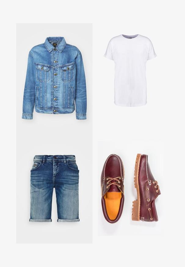 Hellblauer Denimjacke im klassischen Design, mit Knopfverschluss, zwei Brusttaschen und einem Kragen. Weiche Textur, lässiger Stil.; Schlichtes weißes kurzärmeliges T-Shirt mit umgeschlagenen Ärmelbündchen und rundem Halsausschnitt, dargestellt auf weißem Hintergrund.; Jeans-Shorts in mittelblau mit leicht abgedrehtem Finish. Mit umgeschlagenen Säumen, Fünf-Taschen-Design und einem Metallknopfverschluss.; Bordeauxfarbene Lederschuhe mit braunen Gummisohlen, runder Zehenform, weißen Nähten und goldenen Ösen. Das Innenfutter weist eine gelbe Beschichtung auf.