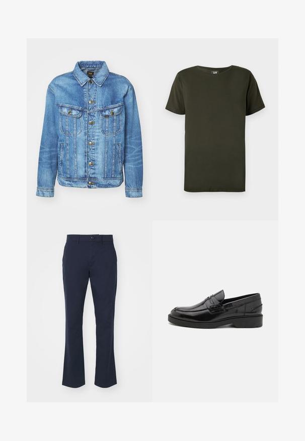 Veste en denim bleu clair au design classique, avec fermeture à boutons, deux poches poitrine et col classique. Texture douce, style décontracté.; T-shirt uni vert foncé à manches courtes avec un col rond et une petite étiquette de la marque Lee à l'intérieur du col sur fond blanc.; Pantalon navy en tissu coton mélangé, avec une coupe droite, une taille standard avec fermeture à bouton et des poches latérales.; Mocassins en cuir noir avec une finition lisse, un bout rond, un petit talon et descoutures décoratives à l'avant. Semelle en caoutchouc pour l'adhérence.