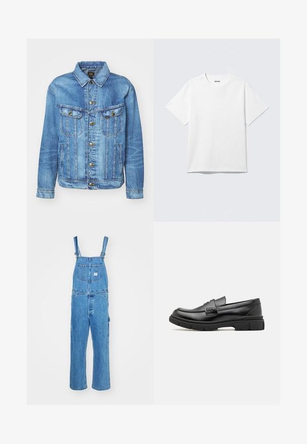 Hellblauer Denimjacke im klassischen Design, mit Knopfverschluss, zwei Brusttaschen und einem Kragen. Weiche Textur, lässiger Stil.; Weißes T-Shirt mit kurzen Ärmeln und Rundhalsausschnitt, flach liegend, schlichtes Design, mit „WEEKDAY“-Etikett innen im Kragen auf hellem Hintergrund.; Denim-Overalls mit verstellbaren Trägern, weitem Bein und einer Vordertasche mit Etikett. Hellblaue Farbe mit strukturierter Oberfläche.; Schwarze Lederloafer mit einem breiten Riemen über dem Rist, Gummisohle mit dicken Profilen und glatter Textur. Klassisches, schlankes Design.
