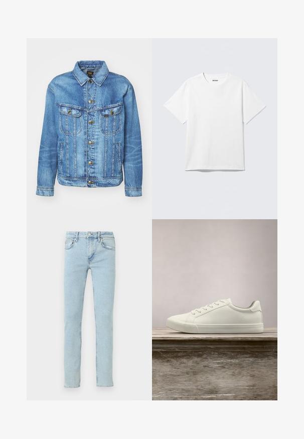 Lichtblauwe denimjas met een klassiek ontwerp, voorzien van een knoopsluiting, twee borstzakken en een kraag. Zachte textuur, casual stijl.; Witte T-shirt met korte mouwen en ronde hals, plat gelegd, effen ontwerp, met een "WEEKDAY" label in de kraag op een lichte achtergrond.; Lichtblauwe spijkerbroek met rechte pijpen, voorzien van vijf zakken, subtiele vervaging en klassieke stikseldetails.; Witte vetersneaker die boven een houten bank zweeft met groene bladeren op de achtergrond, waarbij het ontwerp en de textuur van de schoen worden getoond.