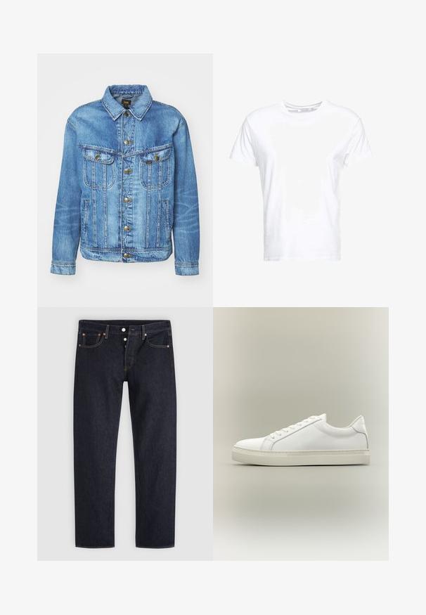 Chaqueta de mezclilla azul claro con un diseño clásico, con cierre de botones, dos bolsillos en el pecho y cuello con solapa. Textura suave, estilo casual.; Camiseta de algodón blanca con cuello redondo y mangas cortas, con un corte clásico y una textura suave. Sin patrones ni elementos metálicos visibles.; Vaqueros azul oscuro de pierna recta con bragueta de botones, bolsillos delanteros y traseros, y detalles de remaches de cobre sobre un fondo gris claro.; Zapatilla blanca de perfil bajo con cordones en la parte delantera y suela gruesa, mostrada de lado sobre un fondo neutro.