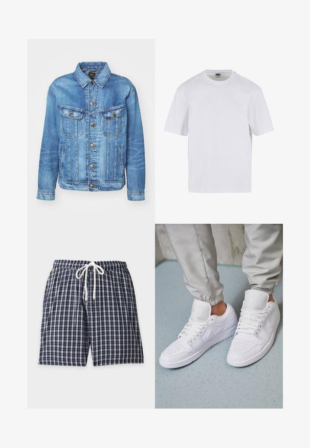 Veste en denim bleu clair au design classique, avec fermeture à boutons, deux poches poitrine et col classique. Texture douce, style décontracté.; T-shirt blanc à manches courtes en coton. Il présente un col rond et une coupe décontractée. Texture lisse, design minimaliste, sans motifs ni accents.; Shorts à carreaux bleu marine et blanc avec taille élastique et cordon de serrage blanc, posés à plat sur un fond uni.; Des baskets en cuir blanc présentent une zone de perforation à l'avant, des lacets plats, un col rembourré et le logo Jordan sur la languette. Portées avec un pantalon de jogging gris.