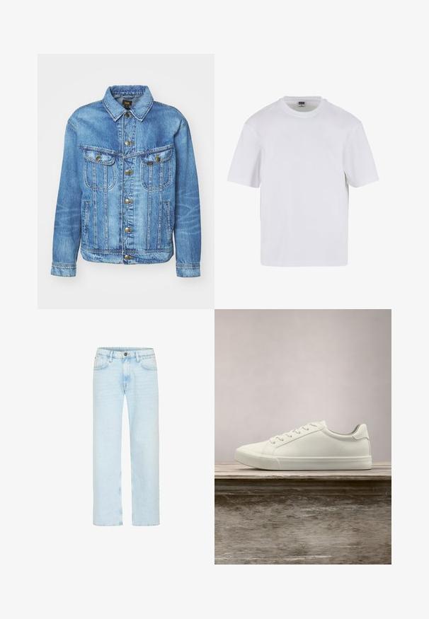 Lyseblå denimjakke med klassisk design, der har knaplukning, to brystlommer og en krave. Blød tekstur, afslappet stil.; Hvid kortærmet t-shirt lavet af bomuld. Har en rund halsudskæring og en afslappet pasform. Glat tekstur, minimalistisk design, ingen mønstre eller accenter.; Lyseblå denim jeans har et lige ben-design med en klassisk knaplukning, fem lommer og subtilt slid for tekstur.; Hvide snørresneakers svævende over en træbænk med grønne planter i baggrunden, der fremhæver skodesign og tekstur.