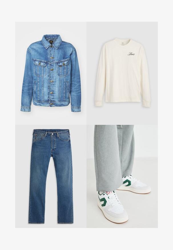 Lichtblauwe denimjas met een klassiek ontwerp, voorzien van een knoopsluiting, twee borstzakken en een kraag. Zachte textuur, casual stijl.; Wit shirt met lange mouwen en een ronde hals, met een klein zwart "Levi's" logo op de linkerbovenborst, weergegeven tegen een lichtgrijze achtergrond.; Blauwe rechte denim jeans met vijf zakken, riemlussen en een sluiting met een knoop en ritssluiting aan de voorkant, op een effen achtergrond.; Witte en groene sneakers van glad leer en suedemateriaal, met een opvallende groene logo-accent en witte veters. Grijze broeken gedeeltelijk zichtbaar.
