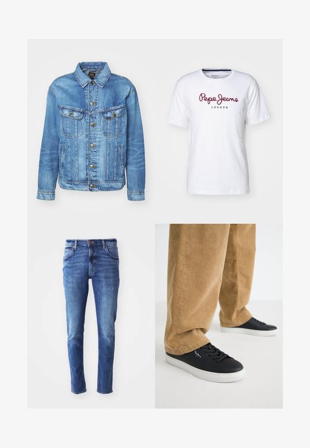 Lyseblå denimjakke med klassisk design, der har knaplukning, to brystlommer og en krave. Blød tekstur, afslappet stil.; Hvid bomulds t-shirt med maroon "Pepe Jeans" logo og teksten "LONDON", rund hals, korte ærmer og en afslappet pasform.; Blå denim jeans med slim fit, fem-lomme design og let falming. Har en mærke-knap og lynlåslukning.; Sorte lædersneakers med hvide gummisåler. Båret med tanfarvede corduroybukser med vertikale ribber og en afslappet pasform.