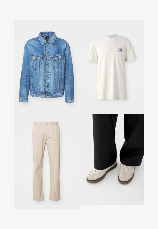 Veste en denim bleu clair au design classique, avec fermeture à boutons, deux poches poitrine et col classique. Texture douce, style décontracté.; T-shirt en coton couleur crème avec un col rond, des manches courtes et un logo bleu "Lee Workwear" sur la poitrine gauche.; Chinos en coton beige avec une coupe droite, dotés d'une fermeture à bouton et de plis subtils pour ajouter de la texture. Tissu lisse et lignes épurées.; Pieds portant des baskets beige avec des semelles marron et un pantalon noir à jambes larges sur fond blanc.