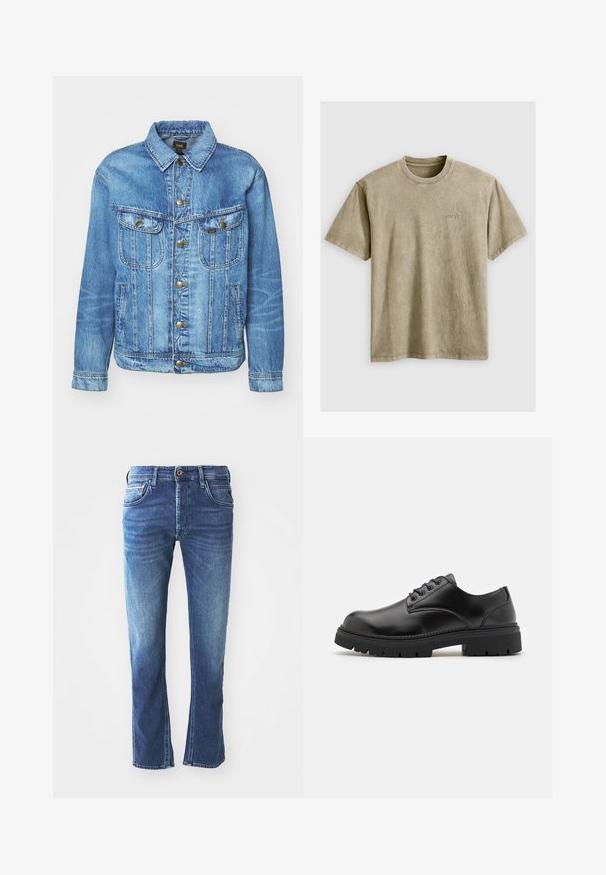Hellblauer Denimjacke im klassischen Design, mit Knopfverschluss, zwei Brusttaschen und einem Kragen. Weiche Textur, lässiger Stil.; Helles braunes T-Shirt mit kurzen Ärmeln und Rundhalsausschnitt, aus weichem Stoff gefertigt. Verfügt über ein kleines, gesticktes Logo auf der Brust.; Dunkelblaue Jeans aus Denim mit geradem Bein, ausgestattet mit fünf Taschen, einem braunen Knopfverschluss und dezenten hellen Verfärbungen an den Oberschenkeln.; Schwarze Lederschuhe mit runder Zehenform, Schnürdesign und einer dicken, strukturierten Gummisohle. Sie verfügen über eine Naht entlang des Randes und haben eine glatte Oberfläche.