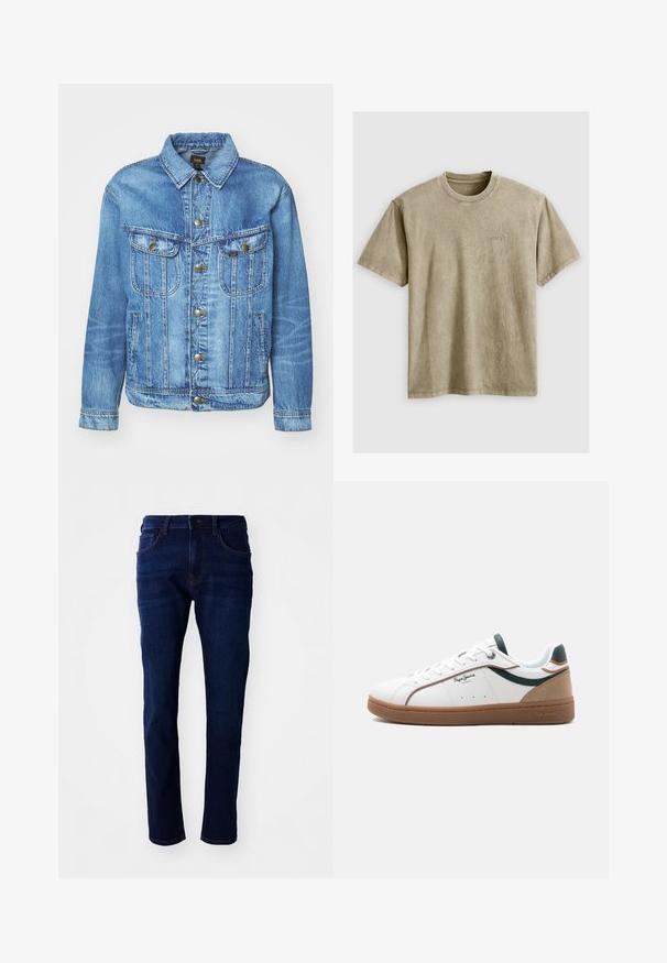 Hellblauer Denimjacke im klassischen Design, mit Knopfverschluss, zwei Brusttaschen und einem Kragen. Weiche Textur, lässiger Stil.; Helles braunes T-Shirt mit kurzen Ärmeln und Rundhalsausschnitt, aus weichem Stoff gefertigt. Verfügt über ein kleines, gesticktes Logo auf der Brust.; Dunkelblaue Denim-Jeans mit geradem Schnitt, fünf Taschen und klassischem Knopfverschluss. Der Stoff hat eine glatte Textur mit subtilen Verfärbungen.; Weißer Sneaker mit niedriger Schafthöhe, brauner Sohle, grünen und beigen Akzenten, weißen Schnürsenkeln und dem Logo "Pepe Jeans London" an der Seite.