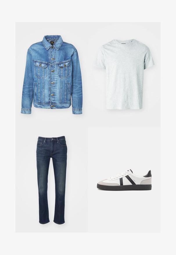 Veste en denim bleu clair au design classique, avec fermeture à boutons, deux poches poitrine et col classique. Texture douce, style décontracté.; T-shirt gris clair à manches courtes en tissu doux, avec un col rond et une coupe légèrement décontractée. Aucun motif ou graphique visible.; GAP SLIM SOFT SOLANO - Jean slim - dark wash; Baskets blanches avec des accents noirs et gris, présentant un embout texturé gris, une semelle en caoutchouc noir et des lacets plats blancs. Design épuré, style minimaliste.