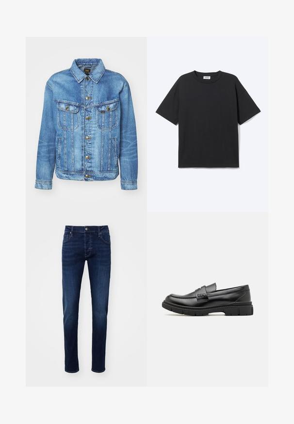 Hellblauer Denimjacke im klassischen Design, mit Knopfverschluss, zwei Brusttaschen und einem Kragen. Weiche Textur, lässiger Stil.; Schwarzes T-Shirt mit kurzen Ärmeln und Rundhalsausschnitt in lockerer Passform, Vorderansicht, schlichtes Design und sichtbares Weekday-Label im Krageninneren.; Dunkelblaue Slim-Fit Denim-Jeans mit Knopf vorne, Taschen, Gürtelschlaufen und dezenten Ausbleichungen an den Beinen.; Schwarze Lederloafer mit einem breiten Riemen über dem Rist, Gummisohle mit dicken Profilen und glatter Textur. Klassisches, schlankes Design.