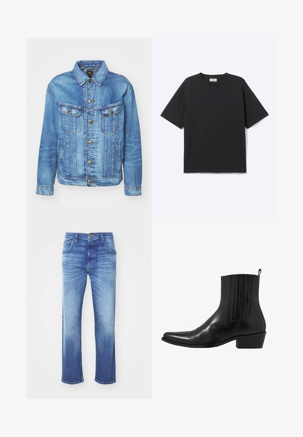 Hellblauer Denimjacke im klassischen Design, mit Knopfverschluss, zwei Brusttaschen und einem Kragen. Weiche Textur, lässiger Stil.; Schwarzes T-Shirt mit kurzen Ärmeln und Rundhalsausschnitt in lockerer Passform, Vorderansicht, schlichtes Design und sichtbares Weekday-Label im Krageninneren.; Blaue Jeans aus Denim mit geradem Schnitt, versehen mit einem Ausbleichungsdesign, fünf Taschen, Metallknopfverschluss und einer leicht strukturierte, abgenutzte Textur.; Schwarze Leder- ankle boot mit spitzem Zehenbereich, elastischen Seitenpaneelen, vertikalen Steppnähten und einem niedrigen Blockabsatz.