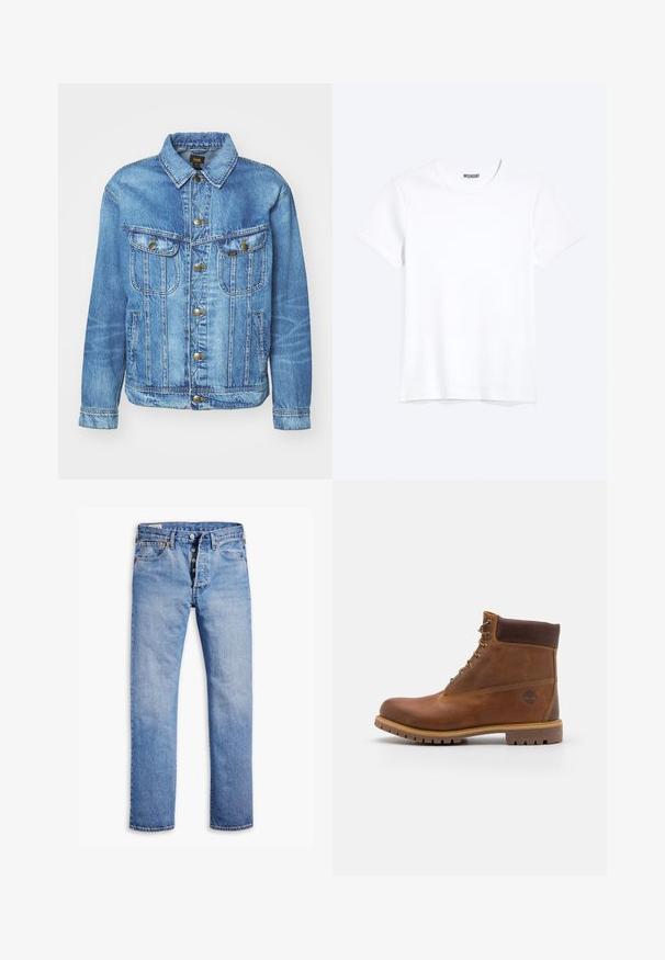 Veste en denim bleu clair au design classique, avec fermeture à boutons, deux poches poitrine et col classique. Texture douce, style décontracté.; T-shirt blanc uni à manches courtes et col rond avec une étiquette de la marque WEEKDAY visible au niveau du col, présenté sur un fond clair.; Jeans en denim bleu clair avec une coupe droite, une fermeture à cinq boutons, des passants de ceinture et un délavage subtil. Dispose de deux poches avant et de rivets en cuivre.; Botte de randonnée en cuir marron avec une finition lisse, cheville rembourrée, œillets en métal et semelle en caoutchouc dotée d'un motif de crampons robuste.