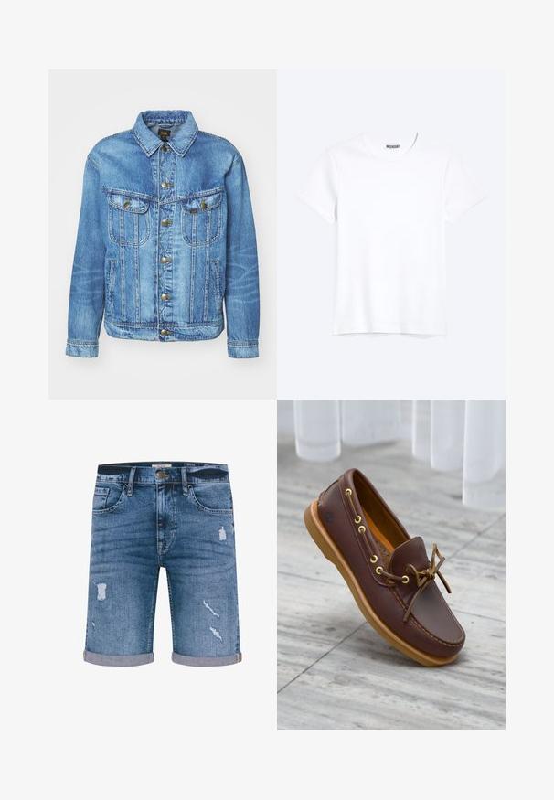 Hellblauer Denimjacke im klassischen Design, mit Knopfverschluss, zwei Brusttaschen und einem Kragen. Weiche Textur, lässiger Stil.; Schlichtes weißes T-Shirt mit kurzen Ärmeln und Rundhalsausschnitt mit gut sichtbarem WEEKDAY-Label am Kragen, dargestellt auf hellem Hintergrund.; Denim-Shorts in Mittelblau mit fransigen Details, umgeschlagenen Säumen, fünf Taschen und einem Metallknopfverschluss. Normale Passform.; Brauner Leder-Bootsschuh mit goldfarbenen Ösen, einer vorn geschnürten Schnürung und einer hellbraunen Gummisohle. Strukturierte Oberfläche und Logo an der Seite.