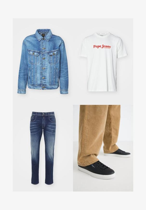 Hellblauer Denimjacke im klassischen Design, mit Knopfverschluss, zwei Brusttaschen und einem Kragen. Weiche Textur, lässiger Stil.; Weißes Baumwoll-T-Shirt mit rotem "Pepe Jeans"-Logotext. Kurze Ärmel und runder Halsausschnitt, mit normaler Passform und ohne sichtbare Muster.; Dunkelblaue Jeans aus Denim mit geradem Bein, leichter Ausbleichung, fünf Taschen, Knopfverschluss und genähten Akzenten entlang der Nähte.; Schwarze Ledersneaker mit weißen Gummisohlen. Getragen mit beigen Cordhosen, die vertikale Rippungen und eine lockere Passform aufweisen.