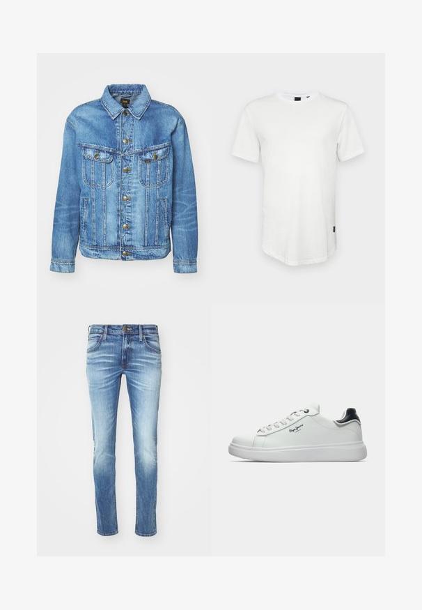 Chaqueta de mezclilla azul claro con un diseño clásico, con cierre de botones, dos bolsillos en el pecho y cuello con solapa. Textura suave, estilo casual.; Camiseta blanca de manga corta hecha de algodón, con un escote redondo y una parte trasera ligeramente alargada, con un pequeño logotipo en el lateral.; Jeans de mezclilla azul claro con un diseño descolorido, corte recto, estilo de cinco bolsillos, cierre de botón de metal y costura en contraste.; Zapatilla baja blanca con acento negro en el talón, cordones blancos y logo "Pepe Jeans London" en el lateral, mostrada de perfil sobre un fondo blanco.
