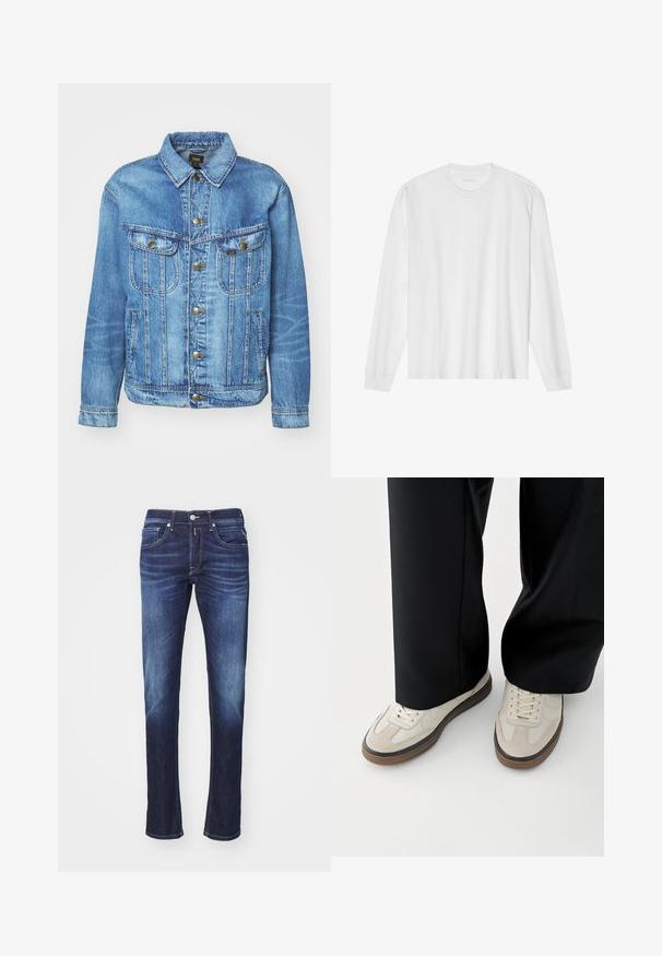 Lyseblå denimjakke med klassisk design, der har knaplukning, to brystlommer og en krave. Blød tekstur, afslappet stil.; Hvid, langærmet t-shirt i bomuld med rund hals, med ribbede ærmeafslutninger og en lige kant, glat tekstur og minimalistisk design.; Mørkeblå denimjeans med lige ben, der har fem lommer, knaplukning og diskret blegeteffekt langs lårene.; Fødder iført beige sneakers med brune såler og sorte bukser med vide ben på hvid baggrund.