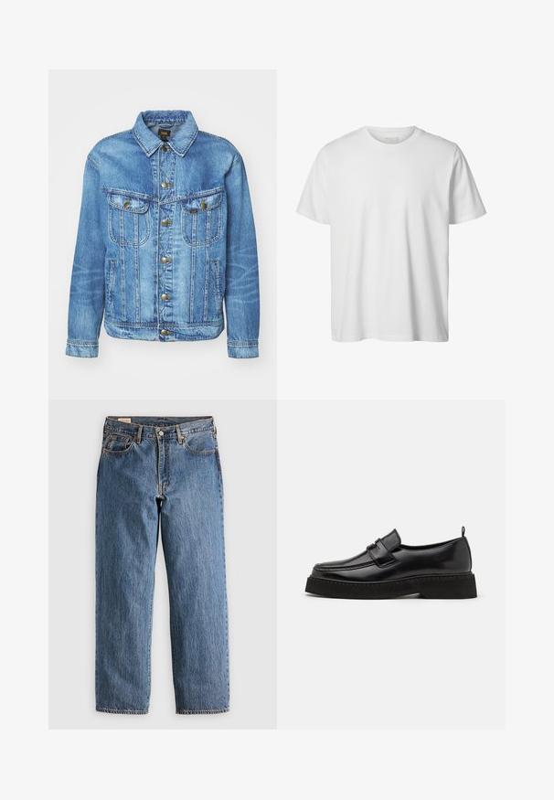 Lichtblauwe denimjas met een klassiek ontwerp, voorzien van een knoopsluiting, twee borstzakken en een kraag. Zachte textuur, casual stijl.; Eenvoudig wit T-shirt met korte mouwen en ronde hals, losse pasvorm en zonder zichtbare logo's of ontwerpen aan de voorkant.; Blauwe denim jeans met een rechte snit, met een hoge taille, koperen klinknagels en oranje stiksels. Voor- en achterzakken inbegrepen.; Zwarte leren instapschoenen in loafer-stijl, met een vlakke, gestructureerde zool, voorzien van een gestikte neus en een band over de wreef.