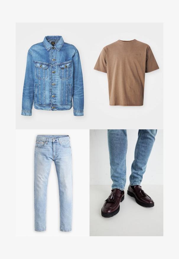 Lyseblå denimjakke med klassisk design, der har knaplukning, to brystlommer og en krave. Blød tekstur, afslappet stil.; Brun bomulds t-shirt med rund hals, korte ærmer og et diskret broderet logo på venstre brystområde. Glat tekstur, afslappet pasform.; Lyseblå denim jeans med lige snit, fem lommer og orange syninger, med en knap- og lynlås lukning.; Bordeaux læder loafers med kvaster og en tekstureret overdel, parret med lyseblå denimjeans. Sort gummisål synlig.