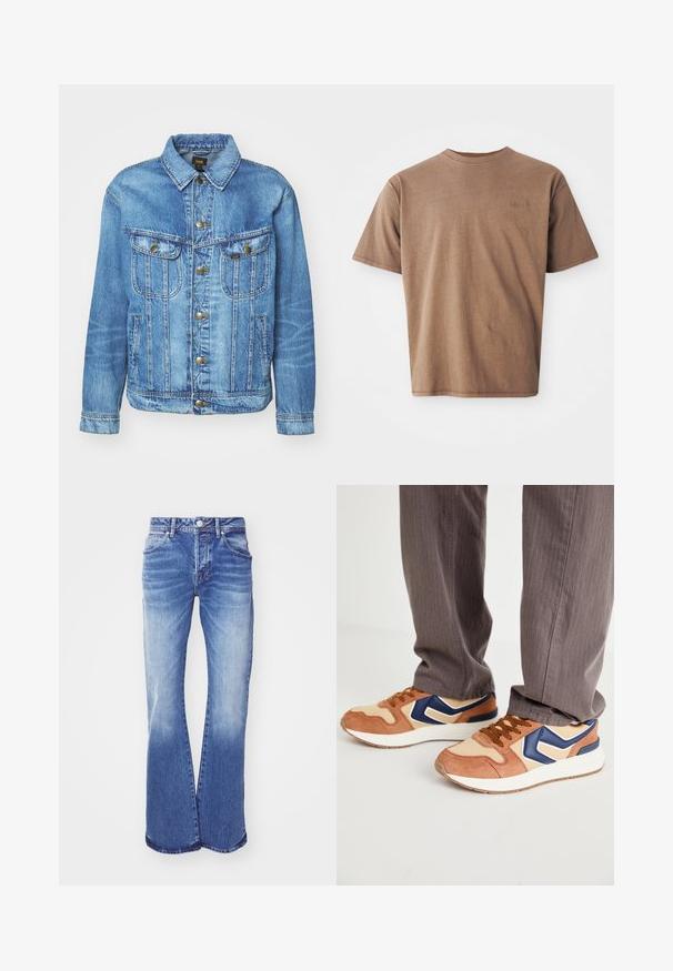 Lichtblauwe denimjas met een klassiek ontwerp, voorzien van een knoopsluiting, twee borstzakken en een kraag. Zachte textuur, casual stijl.; Bruine katoenen t-shirt met ronde hals, korte mouwen en een discreet geborduurd logo op de linkerborst. Soepele structuur, relaxte pasvorm.; Lichtblauwe spijkerbroek met flared model en een vervaagde wassing, vijf zakken, knoopsluiting en gestikte details langs de naden. Brede pijpopening.; Sneakers met een mix van tan suede en crèmekleurig synthetisch materiaal, met een blauwe accent en een getextureerde zool; bruine veters; gedragen met grijs gestreepte broek.