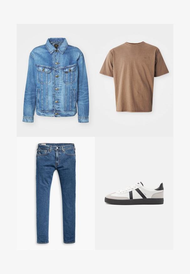Lichtblauwe denimjas met een klassiek ontwerp, voorzien van een knoopsluiting, twee borstzakken en een kraag. Zachte textuur, casual stijl.; Bruine katoenen t-shirt met ronde hals, korte mouwen en een discreet geborduurd logo op de linkerborst. Soepele structuur, relaxte pasvorm.; Blauwe slim-fit denim jeans met vijf zakken, een knoop aan de voorkant en riemlussen, plat weergegeven op een witte achtergrond.; Witte sneaker met zwarte en grijze accenten, voorzien van een grijze neus met textuur, zwarte rubberen zool en platte witte veters. Schoon ontwerp, minimalistische stijl.