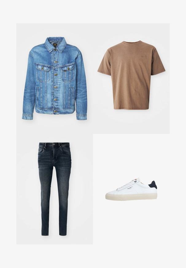 Veste en denim bleu clair au design classique, avec fermeture à boutons, deux poches poitrine et col classique. Texture douce, style décontracté.; T-shirt en coton marron avec un col rond, des manches courtes et un logo brodé discret sur le côté gauche de la poitrine. Texture lisse, coupe décontractée.; Jean en denim bleu foncé avec une coupe slim, un design à cinq poches, des jambes droites et des coutures contrastées, doté d'une fermeture à bouton et à zip.; Baskets basses blanches avec semelle beige, lacets blancs, languette de talon noire et logo "Pepe Jeans London" sur le côté.