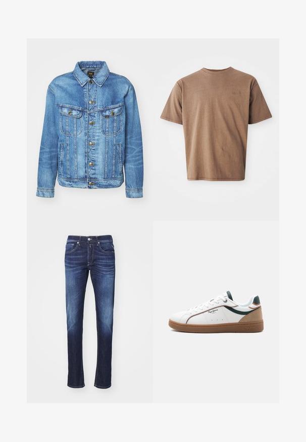 Hellblauer Denimjacke im klassischen Design, mit Knopfverschluss, zwei Brusttaschen und einem Kragen. Weiche Textur, lässiger Stil.; Braunes Baumwoll-T-Shirt mit Rundhalsausschnitt, kurzen Ärmeln und einem dezenten gestickten Logo auf der linken Brustseite. Glatte Textur, lockerer Schnitt.; Dunkelblaue Jeans aus Denim mit geradem Schnitt, ausgestattet mit fünf Taschen, einem Knopfverschluss und sanften Verwaschungen entlang der Oberschenkel.; Weißer Sneaker mit niedriger Schafthöhe, brauner Sohle, grünen und beigen Akzenten, weißen Schnürsenkeln und dem Logo "Pepe Jeans London" an der Seite.