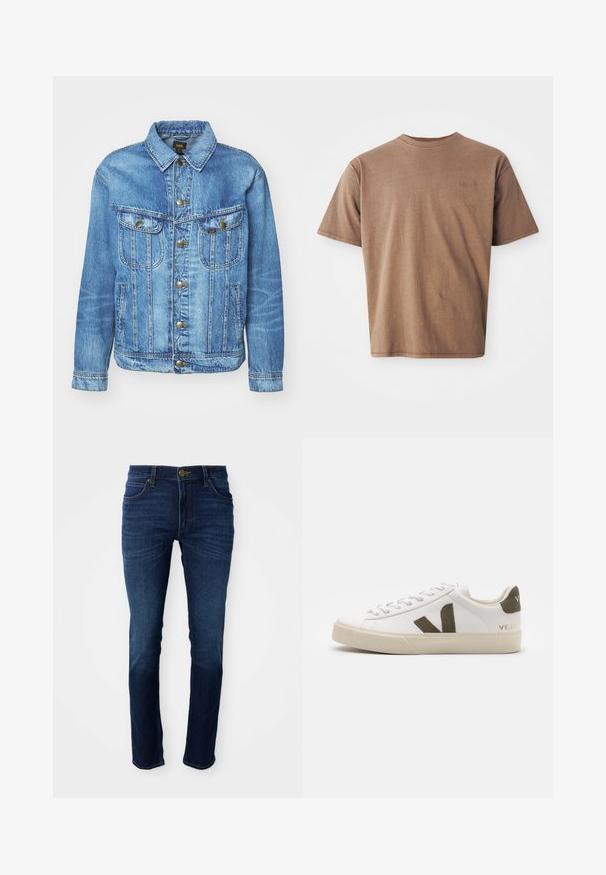 Veste en denim bleu clair au design classique, avec fermeture à boutons, deux poches poitrine et col classique. Texture douce, style décontracté.; T-shirt en coton marron avec un col rond, des manches courtes et un logo brodé discret sur le côté gauche de la poitrine. Texture lisse, coupe décontractée.; Jean en denim bleu foncé avec une coupe droite classique, doté d'une fermeture à bouton et de cinq poches. Le tissu a une texture lisse.; Baskets en cuir blanc avec une semelle en caoutchouc beige clair. Présentent un logo en V en daim marron et une languette de talon. Fermeture à lacets avec une surface texturée.