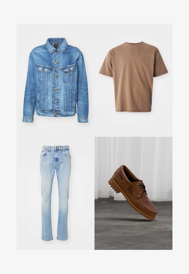 Chaqueta de mezclilla azul claro con un diseño clásico, con cierre de botones, dos bolsillos en el pecho y cuello con solapa. Textura suave, estilo casual.; Camiseta de algodón marrón con cuello redondo, mangas cortas y un discreto logo bordado en la parte izquierda del pecho. Textura suave, ajuste relajado.; Vaqueros de mezclilla azul claro con corte recto, que cuentan con cinco bolsillos, un cierre de botón y un ligero desvanecimiento en los muslos y el dobladillo.; Zapato náutico de cuero marrón con cordones negros, costuras beige y una suela resistente, suspendido sobre un suelo de hormigón gris.