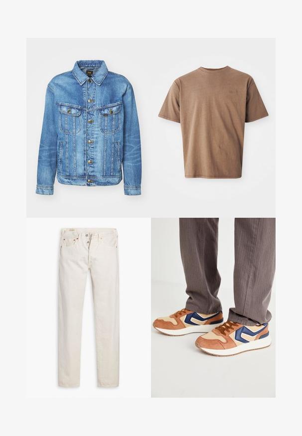 Lichtblauwe denimjas met een klassiek ontwerp, voorzien van een knoopsluiting, twee borstzakken en een kraag. Zachte textuur, casual stijl.; Bruine katoenen t-shirt met ronde hals, korte mouwen en een discreet geborduurd logo op de linkerborst. Soepele structuur, relaxte pasvorm.; Oudwitte high-rise slim-fit jeans met knoopsluiting, vijf zakken en koperen klinknagels, plat gelegd op een witte achtergrond.; Sneakers met een mix van tan suede en crèmekleurig synthetisch materiaal, met een blauwe accent en een getextureerde zool; bruine veters; gedragen met grijs gestreepte broek.
