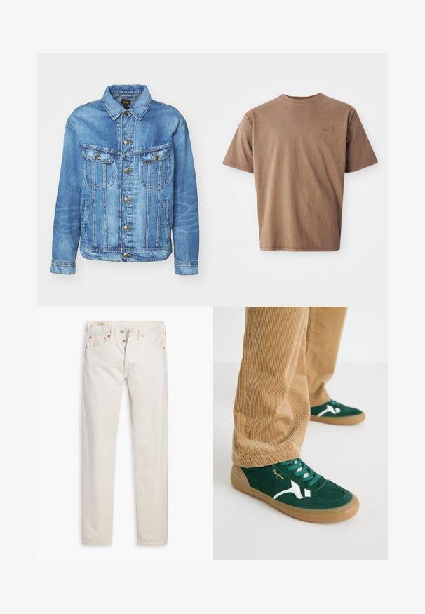 Lyseblå denimjakke med klassisk design, der har knaplukning, to brystlommer og en krave. Blød tekstur, afslappet stil.; Brun bomulds t-shirt med rund hals, korte ærmer og et diskret broderet logo på venstre brystområde. Glat tekstur, afslappet pasform.; Off-white high-waisted slim-fit jeans med knaplukning, fem lommer og kobbernitter, lagt fladt på en hvid baggrund.; Grønne svineder sko med hvide accenter og grønne snørebånd. Gummisål, rund tå og tan detaljer på hælen. Båret med fløjl bukser.