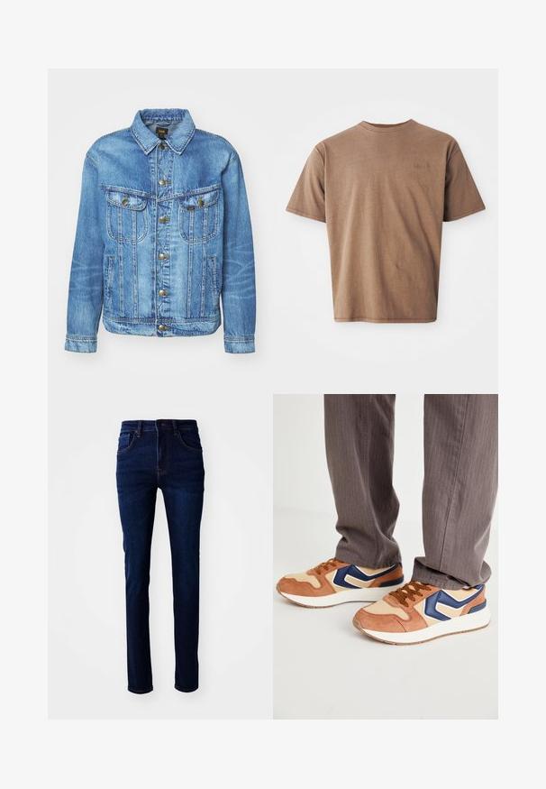 Lichtblauwe denimjas met een klassiek ontwerp, voorzien van een knoopsluiting, twee borstzakken en een kraag. Zachte textuur, casual stijl.; Bruine katoenen t-shirt met ronde hals, korte mouwen en een discreet geborduurd logo op de linkerborst. Soepele structuur, relaxte pasvorm.; Donkerblauwe denim jeans met een rechte snit, vijf-pocketontwerp en subtiele stiksels. De stof heeft een soepele textuur.; Sneakers met een mix van tan suede en crèmekleurig synthetisch materiaal, met een blauwe accent en een getextureerde zool; bruine veters; gedragen met grijs gestreepte broek.