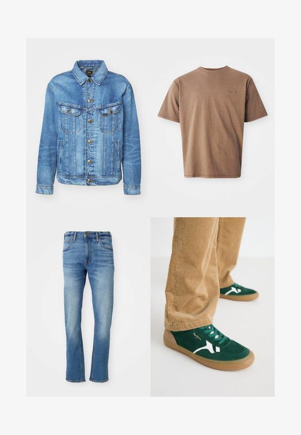 Chaqueta de mezclilla azul claro con un diseño clásico, con cierre de botones, dos bolsillos en el pecho y cuello con solapa. Textura suave, estilo casual.; Camiseta de algodón marrón con cuello redondo, mangas cortas y un discreto logo bordado en la parte izquierda del pecho. Textura suave, ajuste relajado.; Jeans de mezclilla de color azul claro con corte recto, que presentan un diseño clásico de cinco bolsillos, un sutil desgaste en la tela y detalles de costura en contraste.; Zapatillas de ante verde con detalles en blanco y cordones verdes. Suela de goma, puntera redondeada y detalles en color marrón en el talón. Combinadas con pantalones de pana.